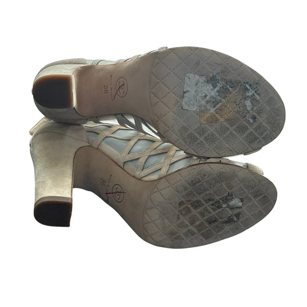 Chanel Taupe Suede Cage Booties EU 36 Peep Toe‎ Heels 3.5